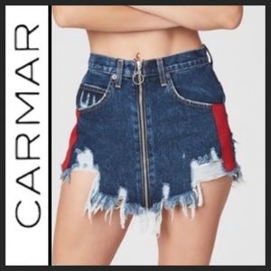 Carmar Beatrice Destroyed Red Stripe Denim Skirt